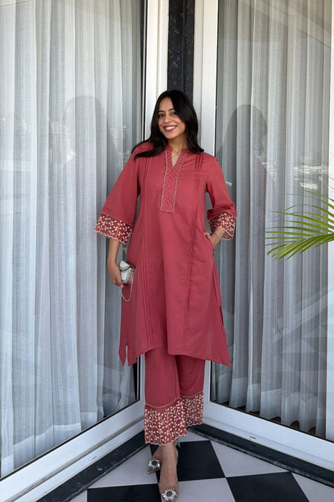 Ziya Cotton Embroidered Rust Orange Kurta Set (Set of 2)