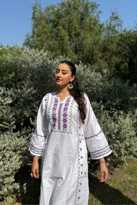 Fidaah Pure Linen Chikankari A-line Kurta- White