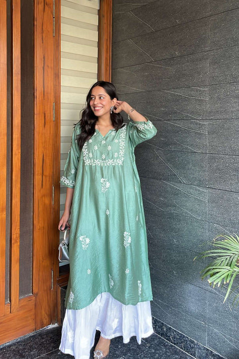 Maira Chanderi Chikankari A-line Kurta- Green
