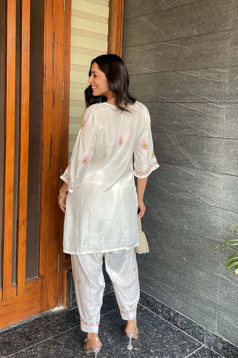 Sona Pure Muslin Multi-Colour Chikankari Dhoti Set With Mukaish- White