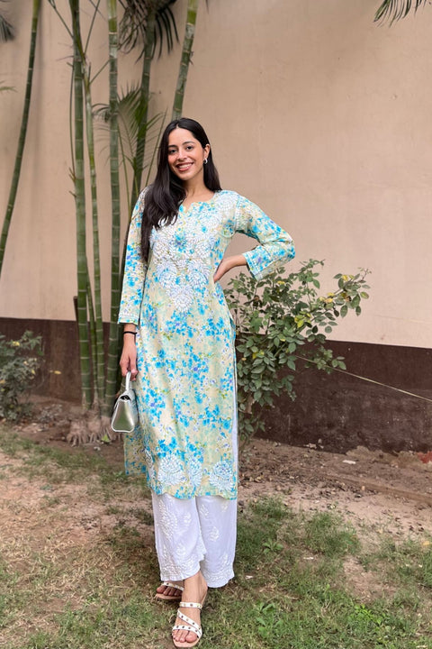 Joon Cotton Mul Printed Chikankari Kurta- Blue