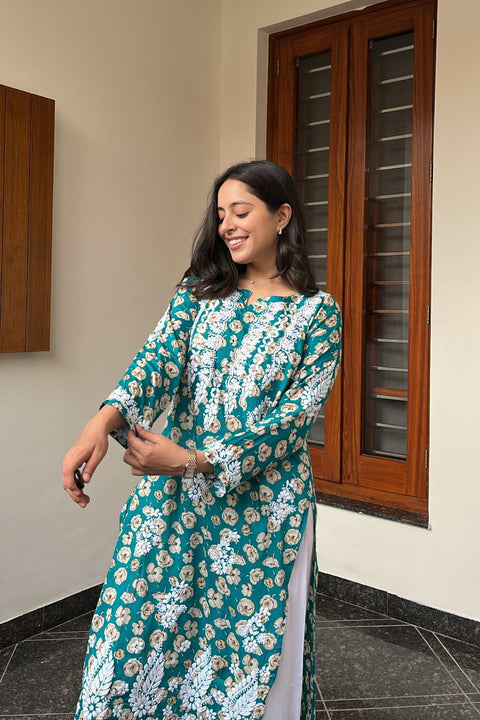 Gulaab Mul Printed Chikankar Kurta- Teal