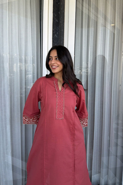 Ziya Cotton Embroidered Rust Orange Kurta Set (Set of 2)