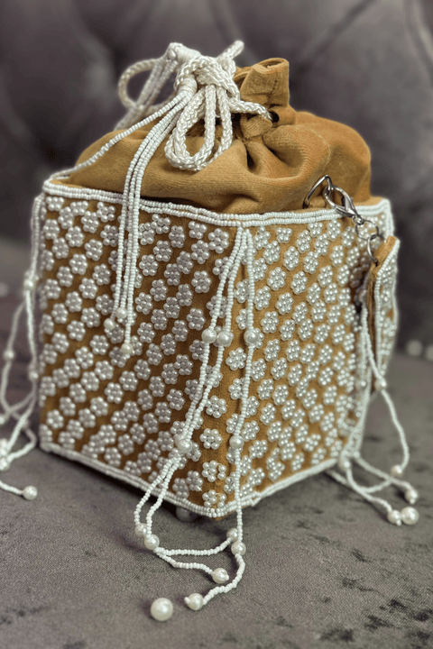 Aleena Suede Yellow Potli With Pearl Handle