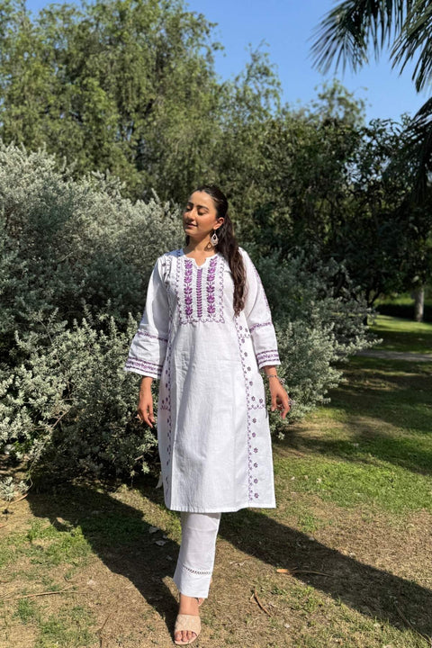 Fidaah Pure Linen Chikankari A-line Kurta- White