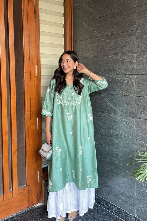 Maira Chanderi Chikankari A-line Kurta- Green