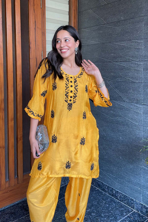 Sona Pure Muslin Chikankari Dhoti Set With Mukaish- Mustard Yellow