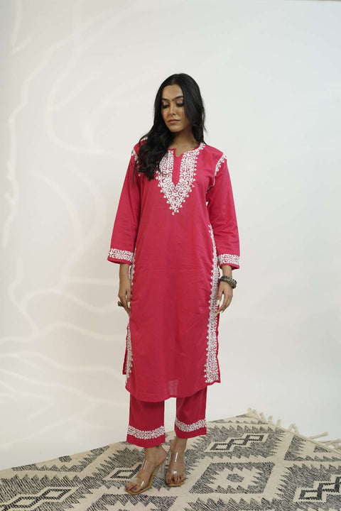Farah Cotton Chikankari Kurta Set- Pink (Set of 2)
