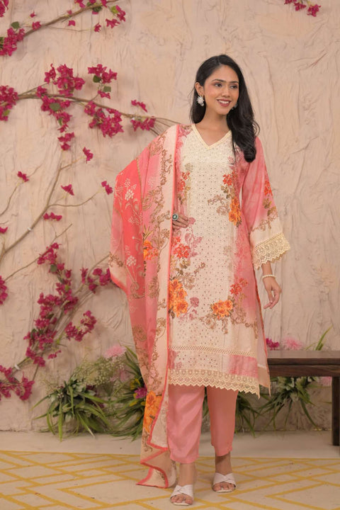 Barkha Pure Muslin Schiffli Suit Set with Printed Muslin Dupatta (Set of 3)- PINK