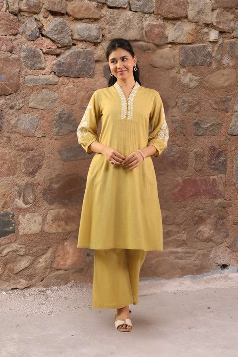 Saanjh Olive-Mustard Cotton Slub Kurta Set (Set of 2)
