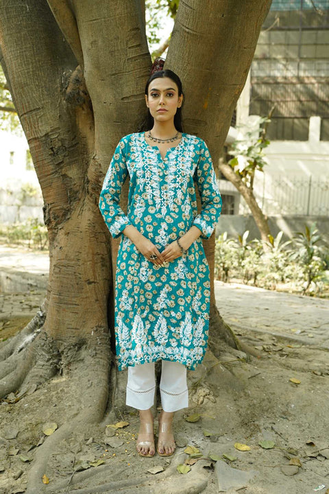 Gulaab Mul Printed Chikankar Kurta- Teal