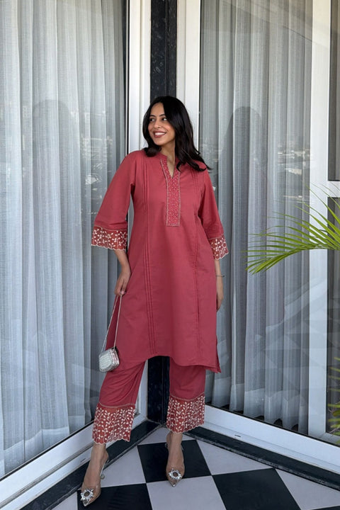 Ziya Cotton Embroidered Rust Orange Kurta Set (Set of 2)