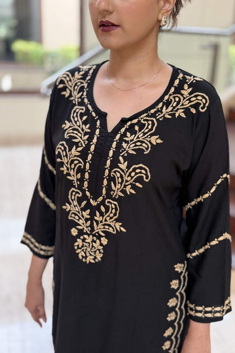 Adaah Luxury Rayon Black Chikankari Kurta Set- Gold (Set of 2)