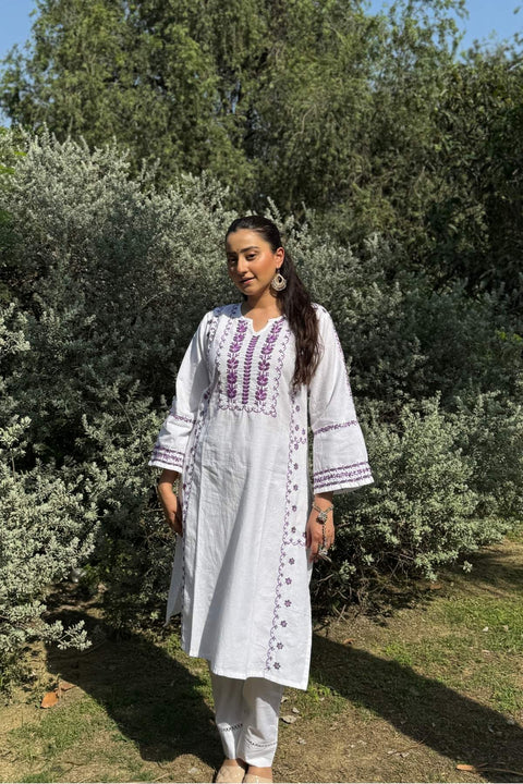 Fidaah Pure Linen Chikankari A-line Kurta- White