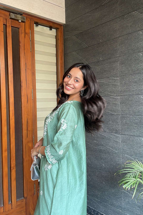 Maira Chanderi Chikankari A-line Kurta- Green