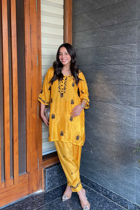 Sona Pure Muslin Chikankari Dhoti Set With Mukaish- Mustard Yellow