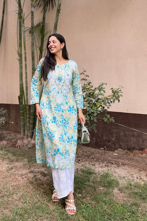 Joon Cotton Mul Printed Chikankari Kurta- Blue