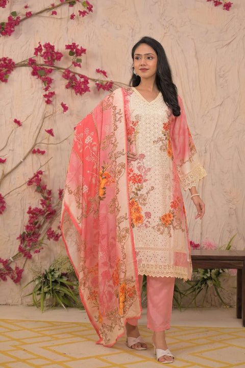 Barkha Pure Muslin Schiffli Suit Set with Printed Muslin Dupatta (Set of 3)- PINK