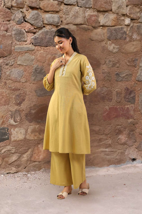 Saanjh Olive-Mustard Cotton Slub Kurta Set (Set of 2)