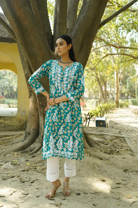 Gulaab Mul Printed Chikankar Kurta- Teal