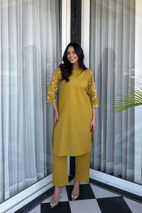 Zehra Cotton Embroidered Kurta Set (Set of 2)- MUSTARD YELLOW