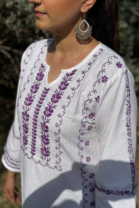 Fidaah Pure Linen Chikankari A-line Kurta- White