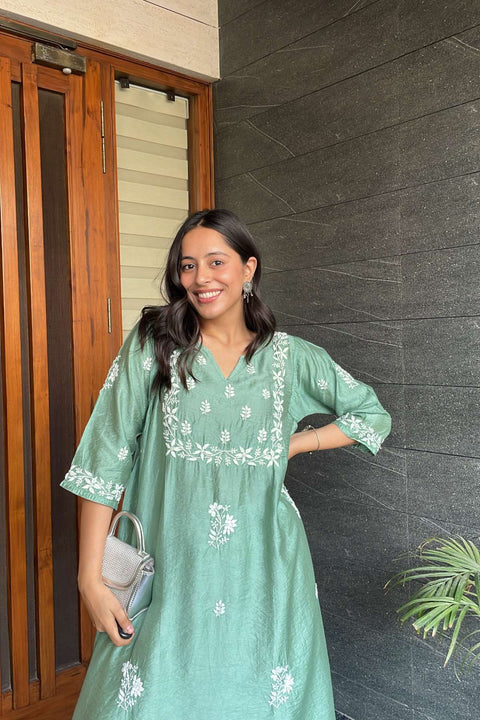 Maira Chanderi Chikankari A-line Kurta- Green