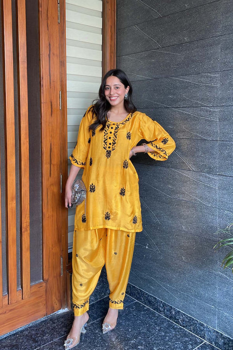 Sona Pure Muslin Chikankari Dhoti Set With Mukaish- Mustard Yellow