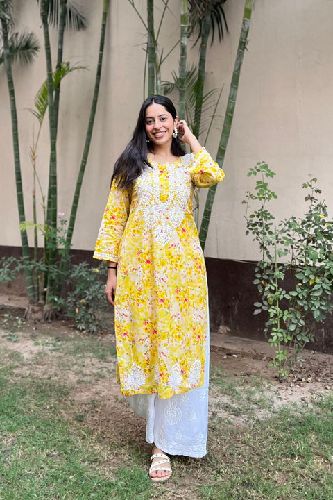 Joon Cotton Mul Printed Chikankari Kurta- Yellow