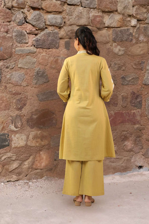 Saanjh Olive-Mustard Cotton Slub Kurta Set (Set of 2)