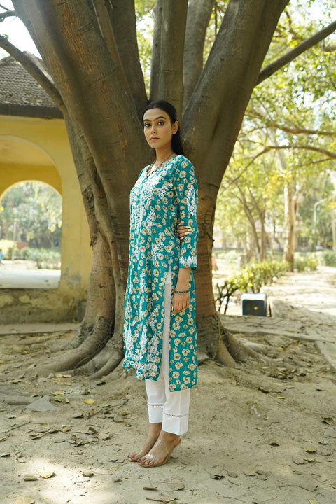 Gulaab Mul Printed Chikankar Kurta- Teal