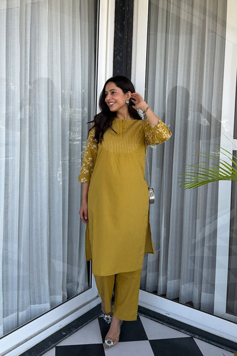 Zehra Cotton Embroidered Kurta Set (Set of 2)- MUSTARD YELLOW