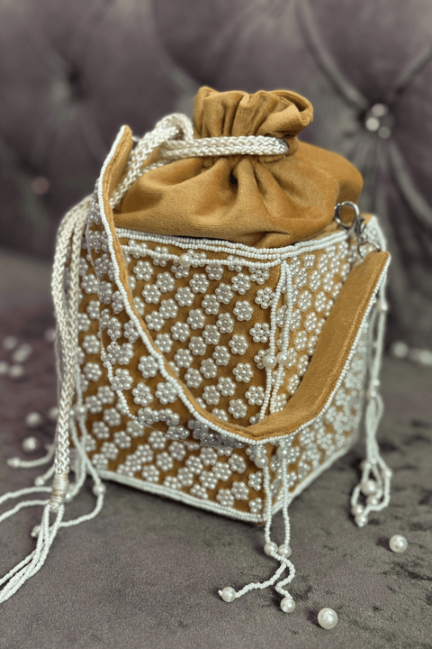 Aleena Suede Yellow Potli With Pearl Handle