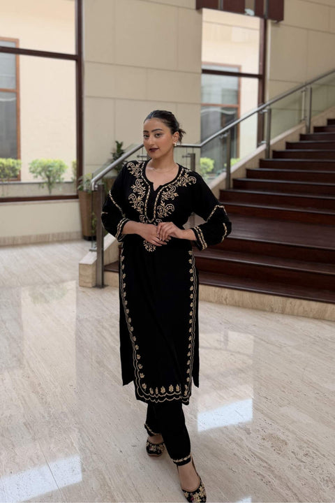 Adaah Luxury Rayon Black Chikankari Kurta Set- Gold (Set of 2)