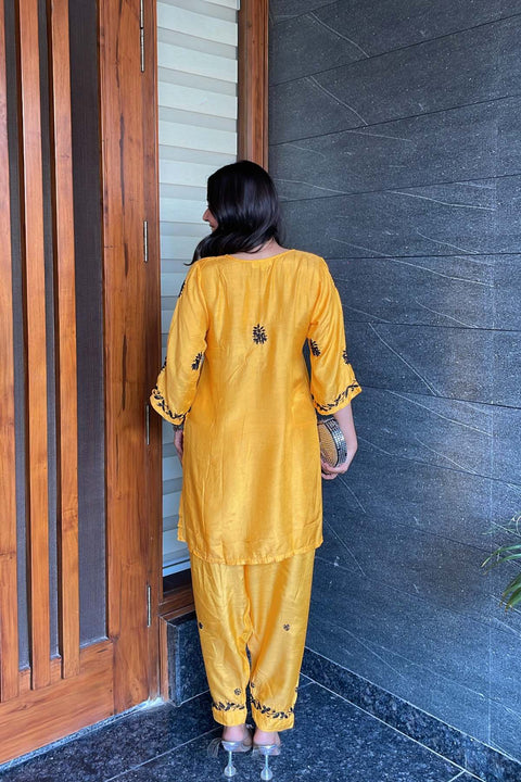 Sona Pure Muslin Chikankari Dhoti Set With Mukaish- Mustard Yellow