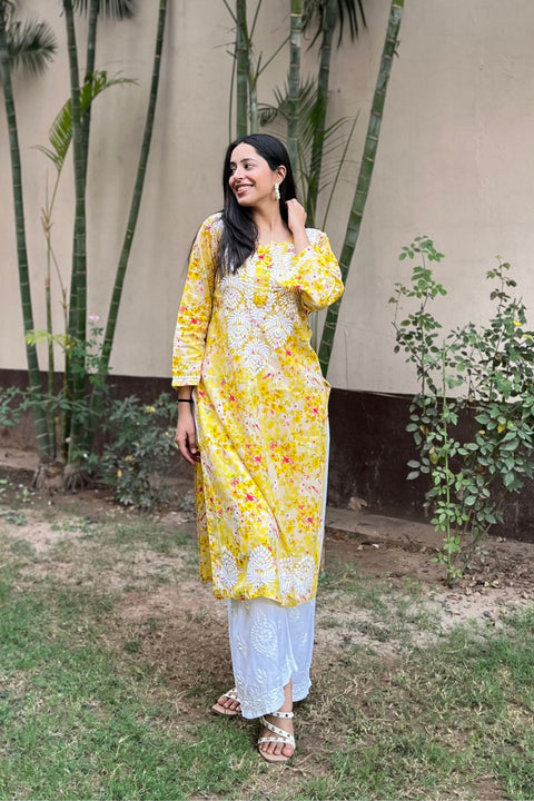 Joon Cotton Mul Printed Chikankari Kurta- Yellow