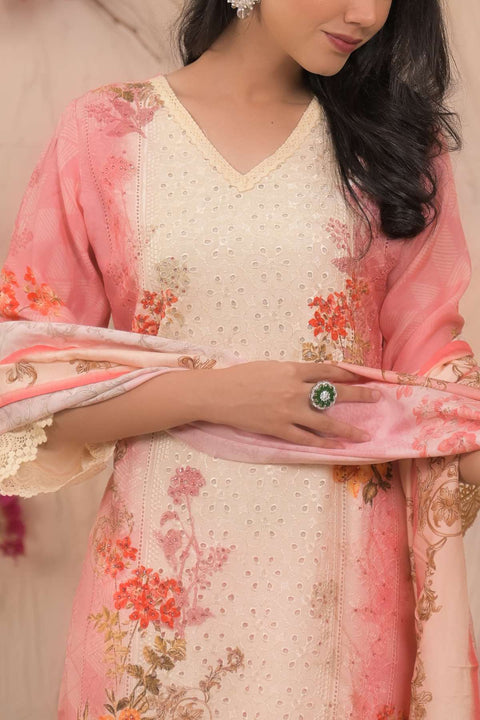 Barkha Pure Muslin Schiffli Suit Set with Printed Muslin Dupatta (Set of 3)- PINK