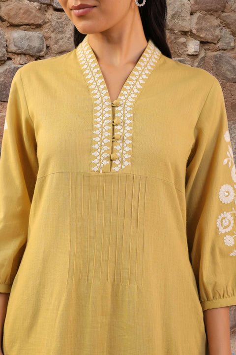Saanjh Olive-Mustard Cotton Slub Kurta Set (Set of 2)