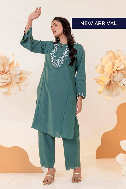 Bela Cotton Embroidered Green Kurta Set