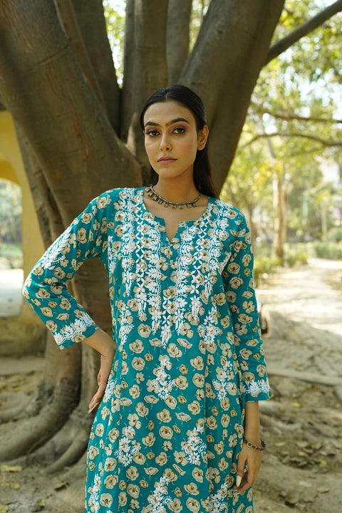 Gulaab Mul Printed Chikankar Kurta- Teal