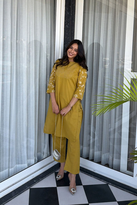 Zehra Cotton Embroidered Kurta Set (Set of 2)- MUSTARD YELLOW