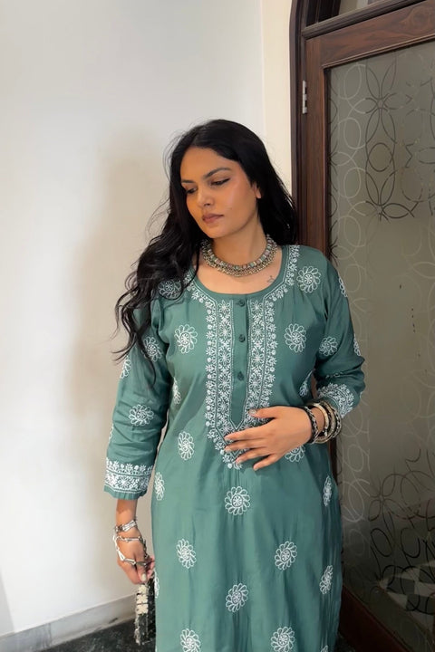 Rukhsana Chanderi Chikankari Kurta Set- Green