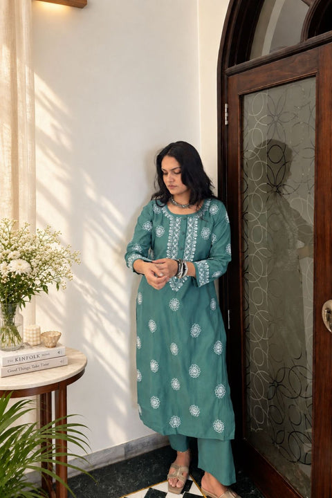 Rukhsana Chanderi Chikankari Kurta Set- Green