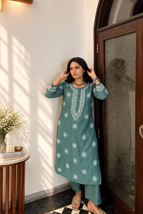 Rukhsana Chanderi Chikankari Kurta Set- Green