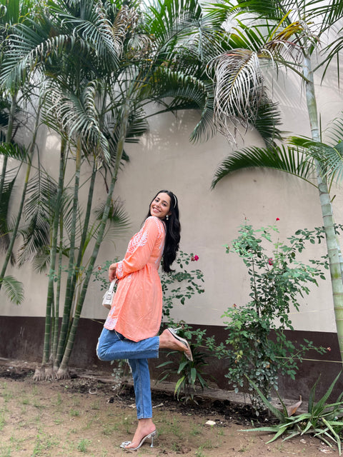 Zara Cotton Rayon Chikankari Short Kurta- Orange