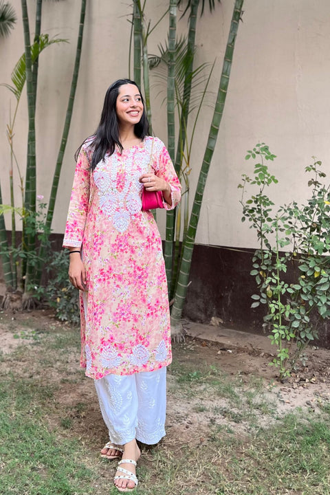 Joon Cotton Mul Printed Chikankari Kurta- Pink