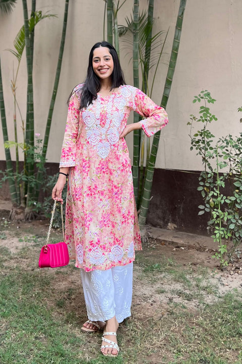 Joon Cotton Mul Printed Chikankari Kurta- Pink