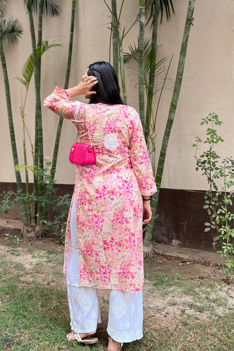 Joon Cotton Mul Printed Chikankari Kurta- Pink
