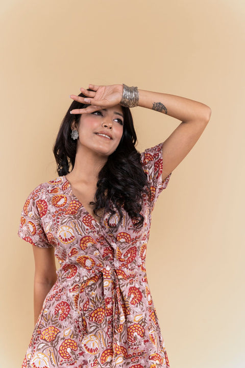 Kiana Handblock Printed Tie-Detail Dress- Brown