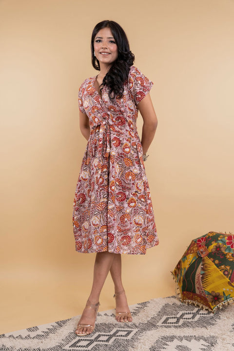 Kiana Handblock Printed Tie-Detail Dress- Brown